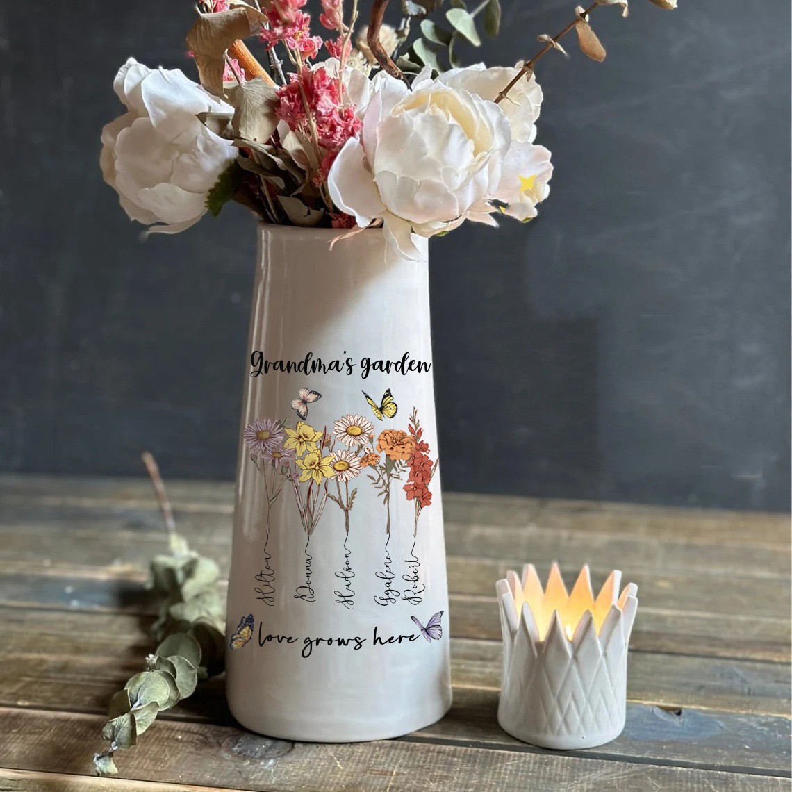 Custom Grandma's Garden Vase With Grandchildren Birth Month Flower and Name For Mother's Day Gift