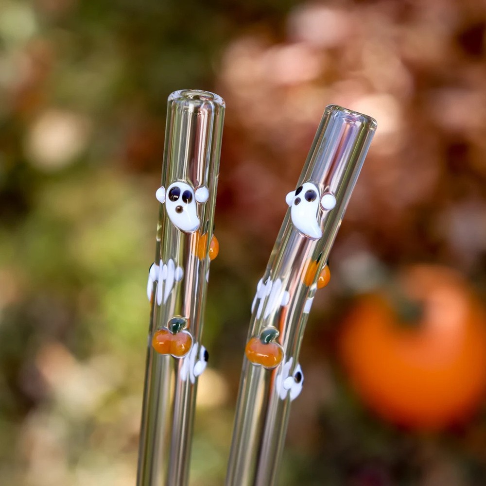 Ghost and Pumpkin Swirl Glass Drinking Straws Halloween Gift