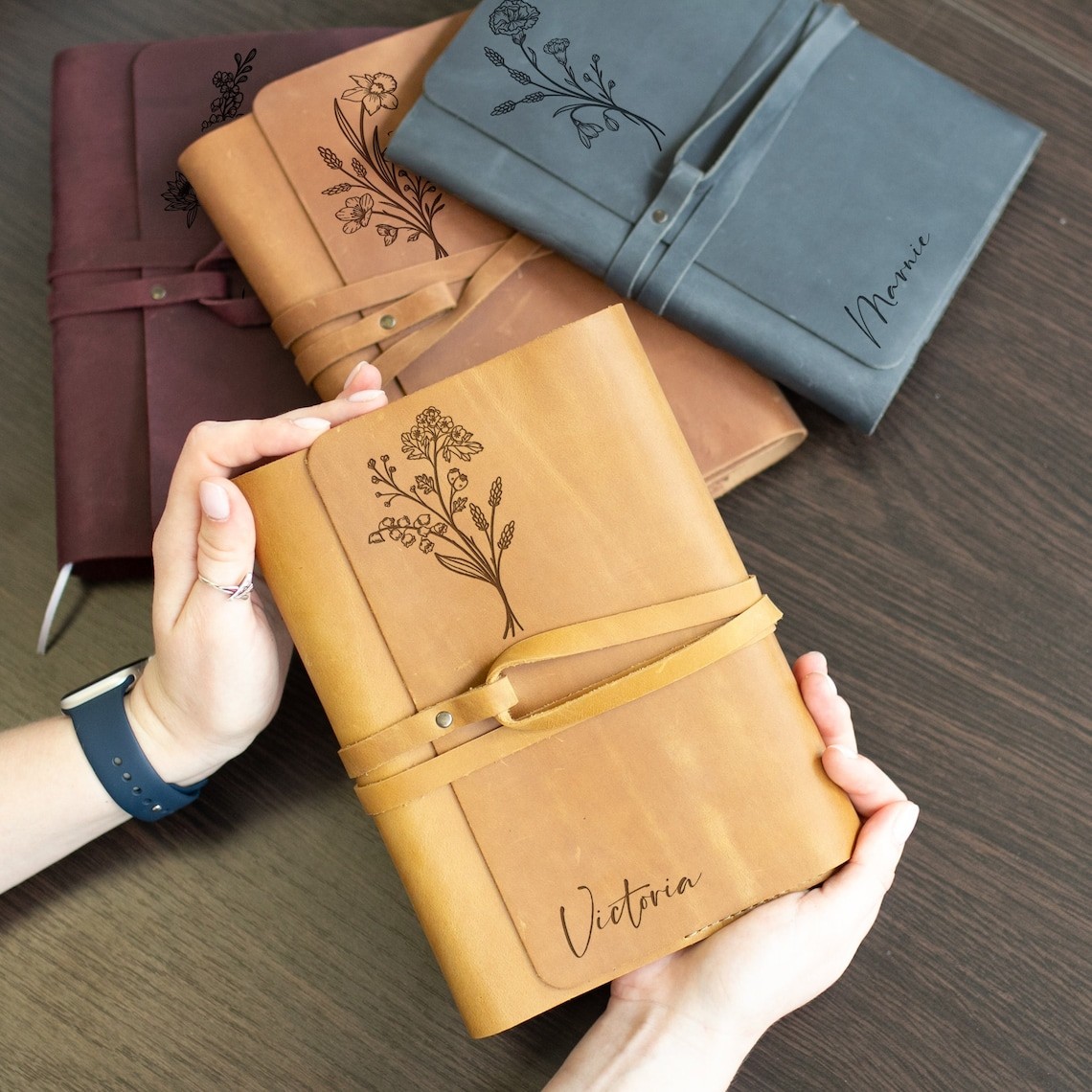 Personalized Birth Flower Leather Journal Book Gift for Mother's Day