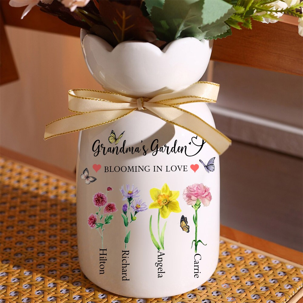 Custom Grandma's Garden Vase With Grandchildren Birth Month Flower and Name For Mother's Day Gift