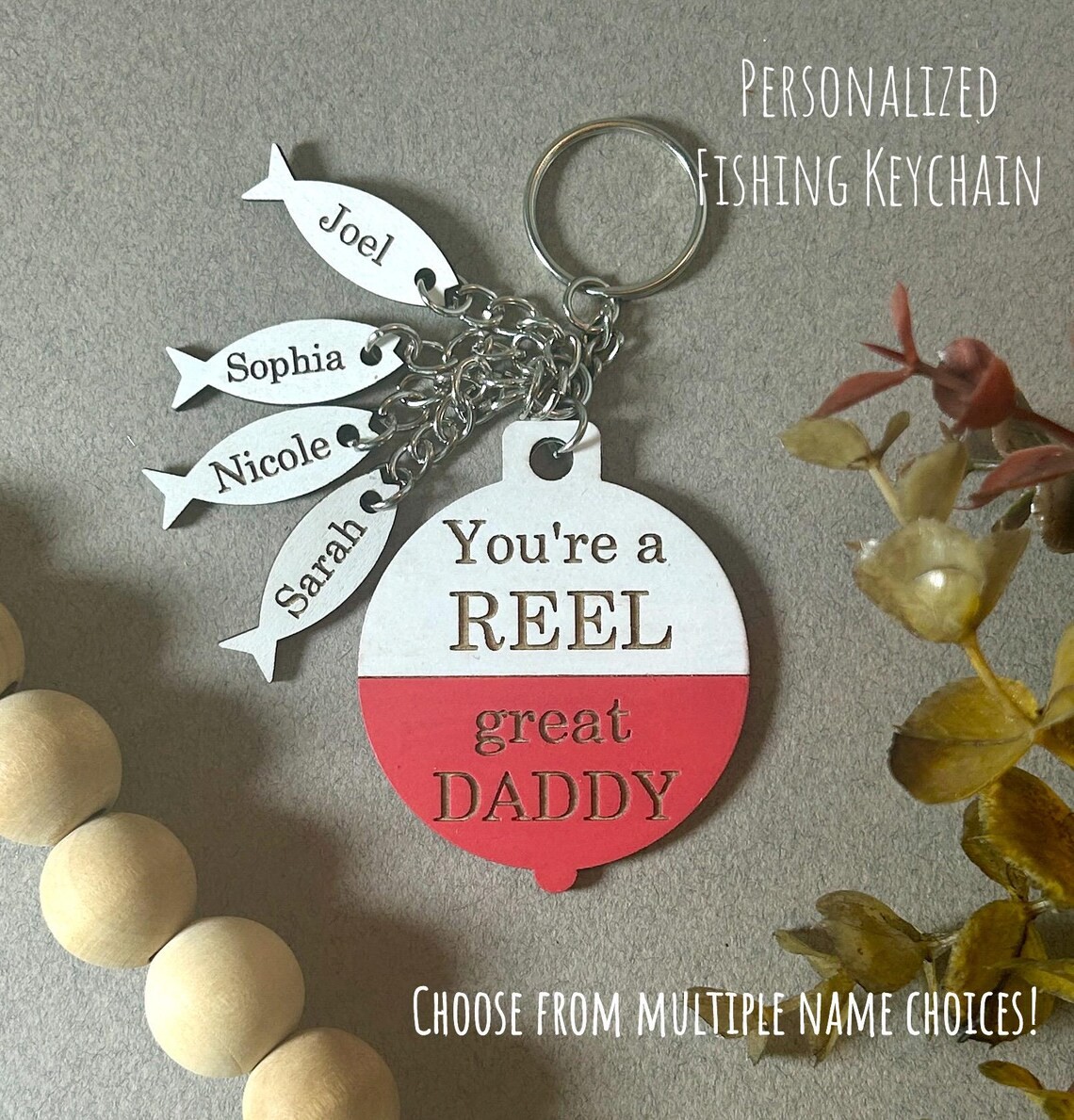 Personalized Fishing Dad Keychain With Kids Name For Father's Day Gift