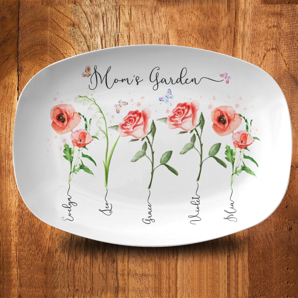 Personalized Mom's Garden Birth Month Flower Platter With Kids Name For Mother's Day Gift Ideas