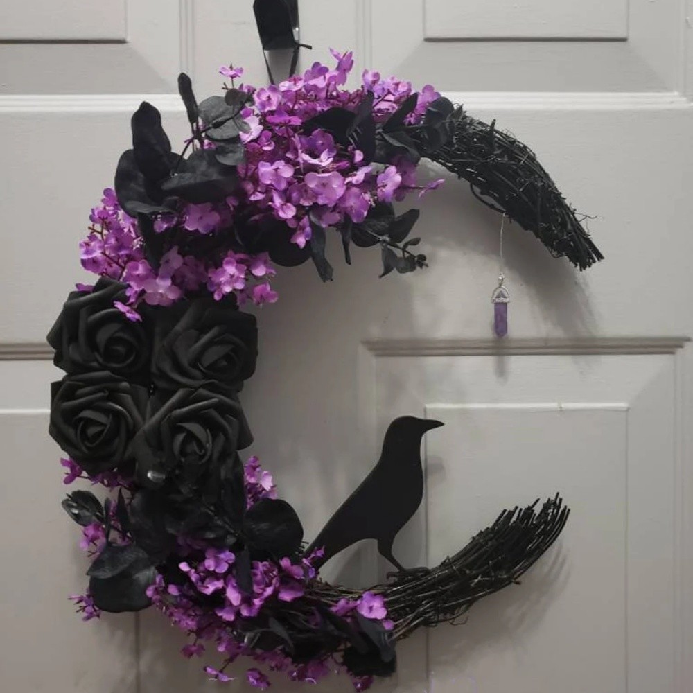 Halloween Raven Crescent Moon Wreath Fall Door Hanger Home Decor