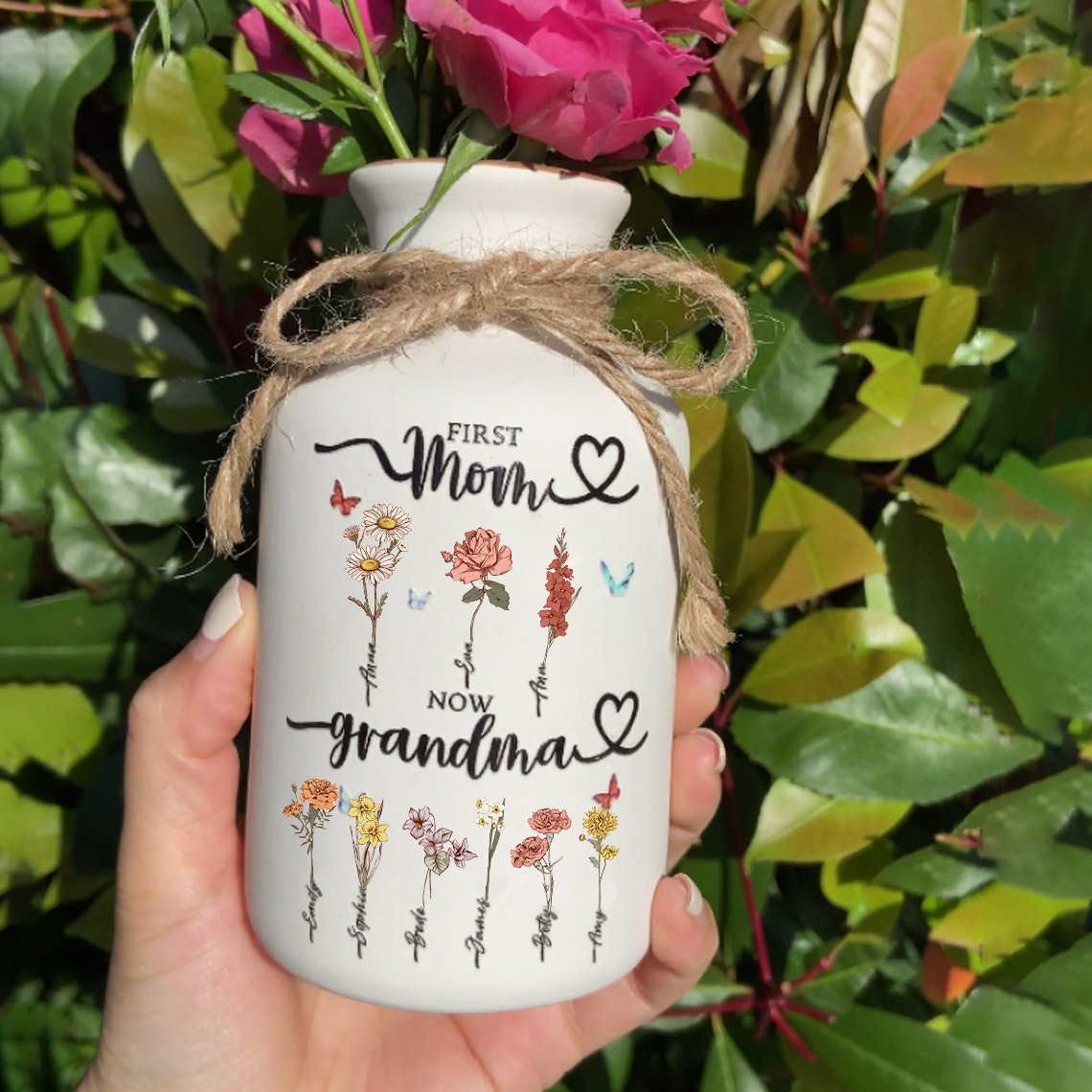First Mom Now Grandma Custom Birth Month Flower Vase For Mother's Day Gift