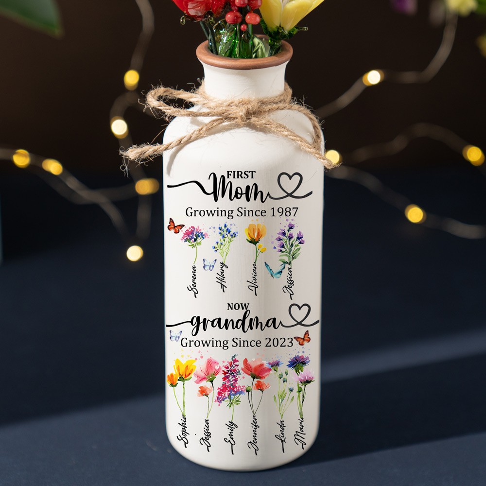 First Mom Now Grandma Custom Birth Flower Vase With Kids Name For Mother's Day Gift