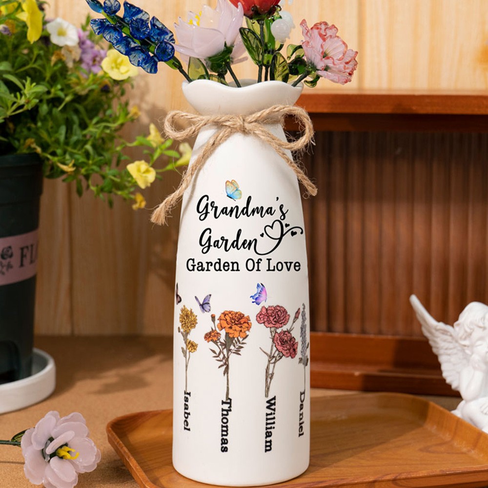 Custom Grandma's Garden Vase With Grandchildren Birth Month Flower and Name For Mother's Day Gift