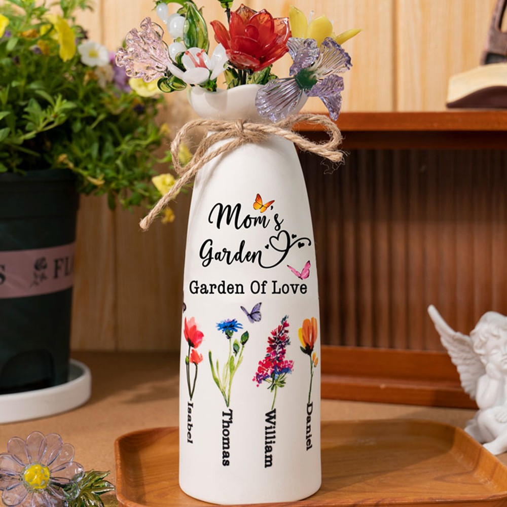 Custom Mom's Garden Birth Month Flower Vase With Kids Name For Mother's Day Gift