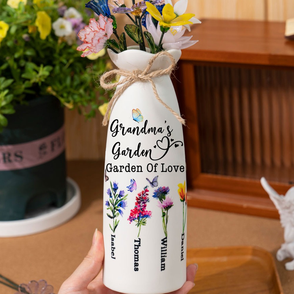 Custom Grandma's Garden Birth Flower Vase With Grandchildren Name For Mother's Day Gift