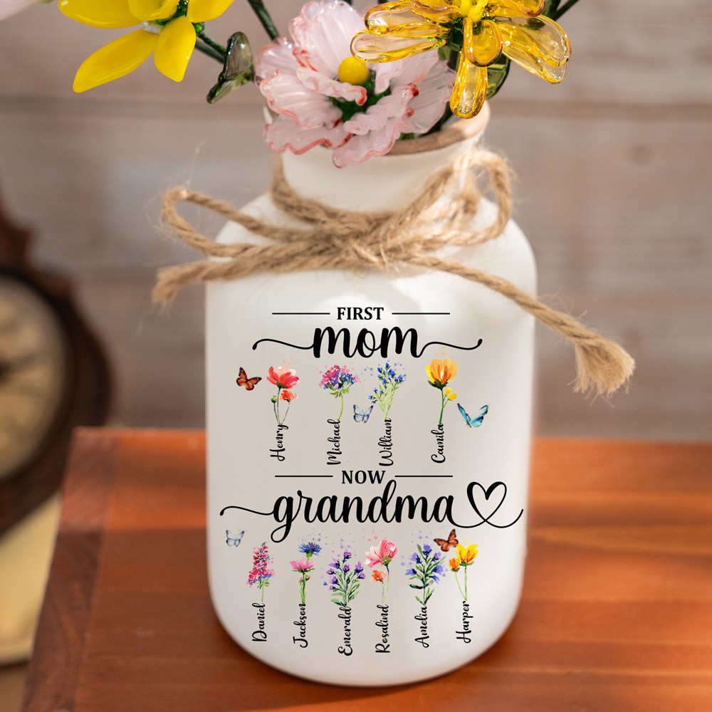 First Mom Now Grandma Custom Birth Flower Vase With Kids Name For Mother's Day Gift Ideas