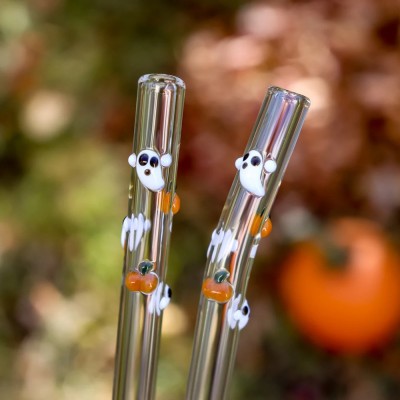 Ghost and Pumpkin Swirl Glass Drinking Straws Halloween Gift