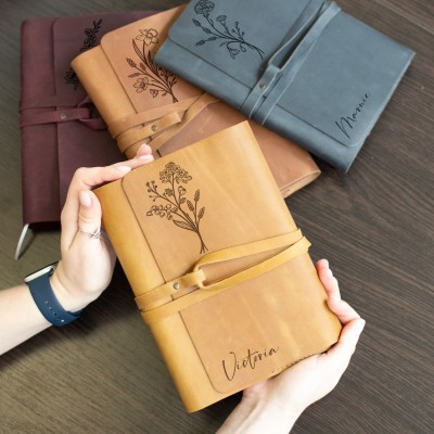 Personalized Birth Flower Leather Journal Book Gift for Mother's Day