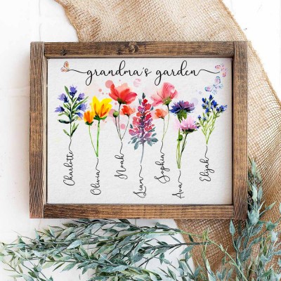 Personalized Grandma's Garden Birth Month Flower Frame With Grandkids Name For Mother's Day Mom Gift Ideas