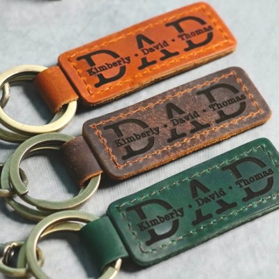 Personalized Dad Leather Keychain With Kids Name For Father's Day Gift