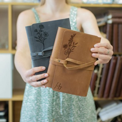 Personalized Birth Flower Leather Journal Book Gift for Mother's Day