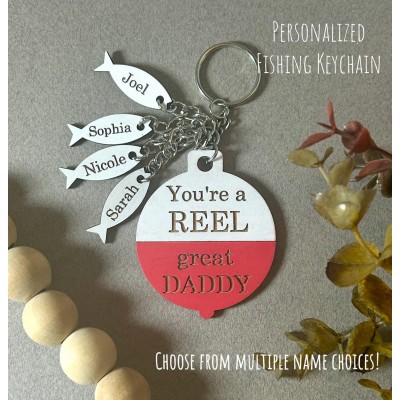Personalized Fishing Dad Keychain With Kids Name For Father's Day Gift