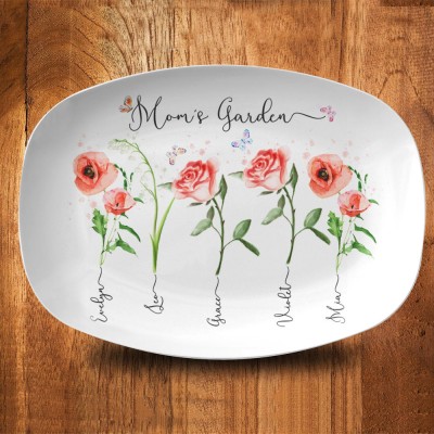 Personalized Mom's Garden Birth Month Flower Platter With Kids Name For Mother's Day Gift Ideas