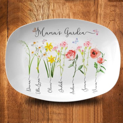 Personalized Mom's Garden Birth Month Flower Platter With Kids Name For Mother's Day Gift Ideas