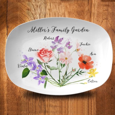 Personalized Mom's Garden Birth Month Flower Platter With Kids Name For Mother's Day Gift Ideas
