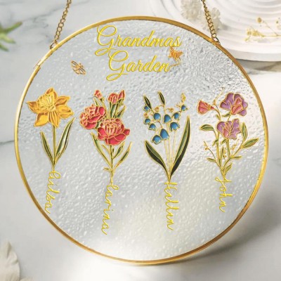 Grandma's Garden Suncatcher Personalized Birth Flower Stained Glass Window Hanging For Mom Grandma Gift