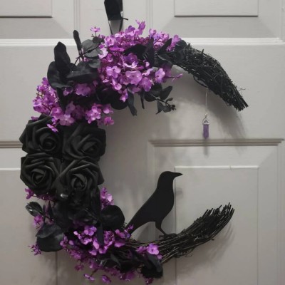 Halloween Raven Crescent Moon Wreath Fall Door Hanger Home Decor