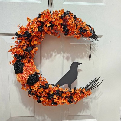 Halloween Raven Crescent Moon Wreath Fall Door Hanger Home Decor