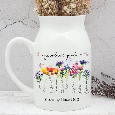 Custom Grandma's Garden Birth Flower Vase With Grandchildren Name For Mother's Day Gift