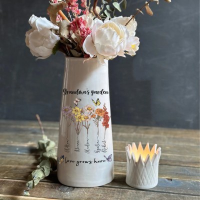 Custom Grandma's Garden Vase With Grandchildren Birth Month Flower and Name For Mother's Day Gift