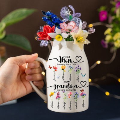 First Mom Now Grandma Custom Birth Flower Vase With Kids Name For Mother's Day Gift