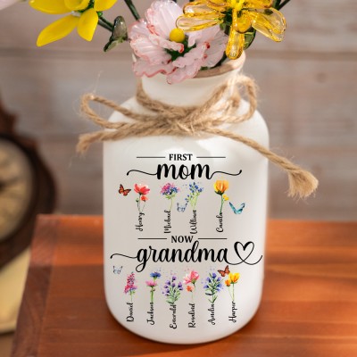 First Mom Now Grandma Custom Birth Flower Vase With Kids Name For Mother's Day Gift Ideas