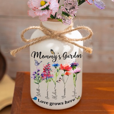 Custom Mom's Garden Birth Flower Vase With Kids Name For Mother's Day Gift