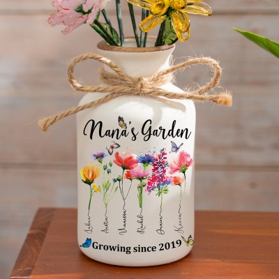 Custom Nana's Garden Birth Flower Vase With Grandchildren Name For Mother's Day Gift