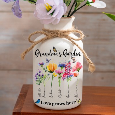 Custom Grandma's Garden Birth Flower Vase With Grandchildren Name For Mother's Day Gift