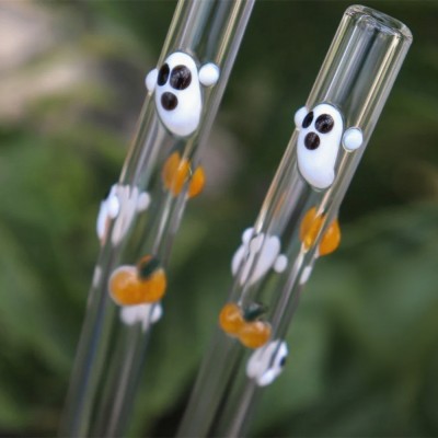 Ghost and Pumpkin Swirl Glass Drinking Straws Halloween Gift