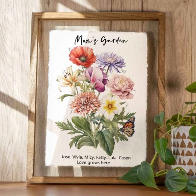 Personalized Mom's Garden Birth Flower Bouquet Wood Sign Antique Home Art For Mother's Day Gift
