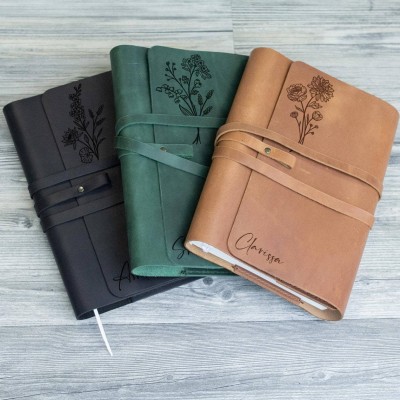 Personalized Birth Flower Leather Journal Book Gift for Mother's Day