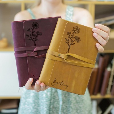Personalized Birth Flower Leather Journal Book Gift for Mother's Day