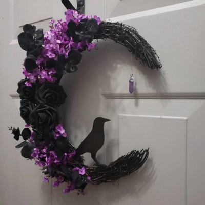 Halloween Raven Crescent Moon Wreath Fall Door Hanger Home Decor