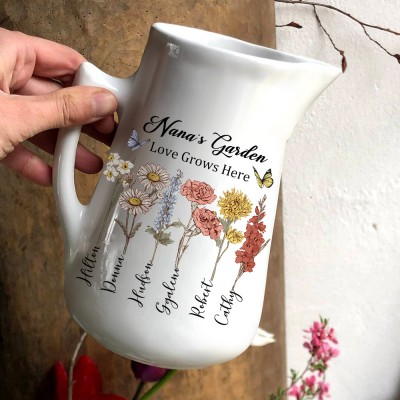 Custom Mom's Garden Vase With Kids Birth Month Flower and Name For Grandma Mom Mother's Day Gift