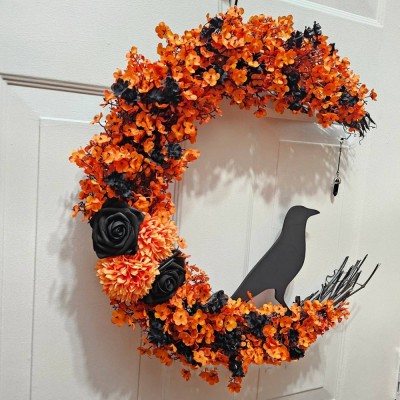 Halloween Raven Crescent Moon Wreath Fall Door Hanger Home Decor