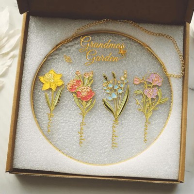 Grandma's Garden Suncatcher Personalized Birth Flower Stained Glass Window Hanging For Mom Grandma Gift
