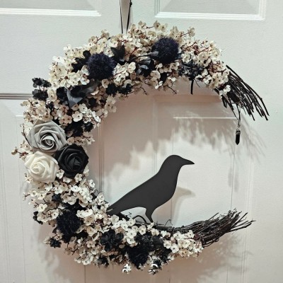 Halloween Raven Crescent Moon Wreath Fall Door Hanger Home Decor