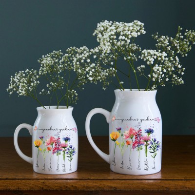 Custom Grandma's Garden Birth Flower Vase With Grandchildren Name For Mother's Day Gift