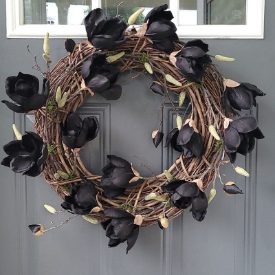 Halloween Black Magnolia Fall Wreath Door Hanger Home Decor